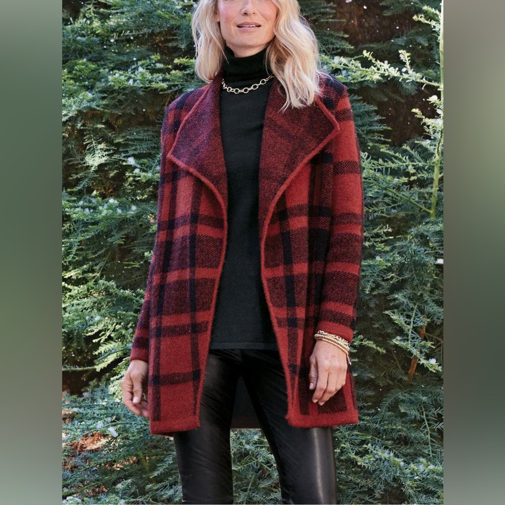 Soft Surroundings Red and Black Plaid Open Cardigan